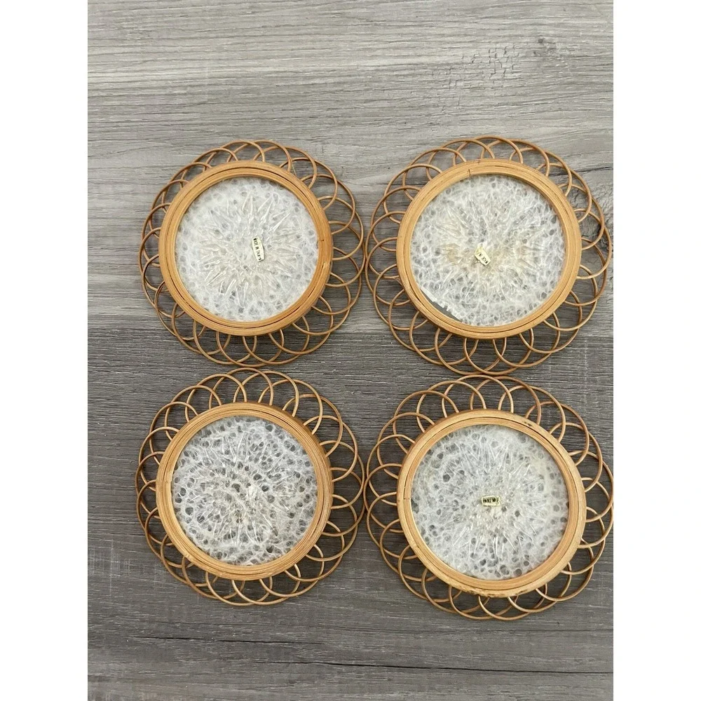 Vintage Pressed Butterfly Coasters Wicker Bamboo Boho Set Of 4‎